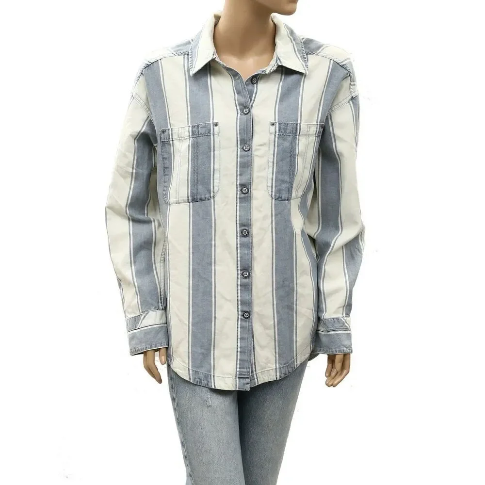 Free People We The Free Crossroads Striped Button Down Shirt Top Print XS 288557